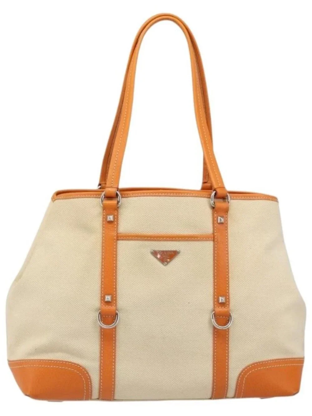 PRADA Tote Bag Canvas Beige Silver Auth ka4818V